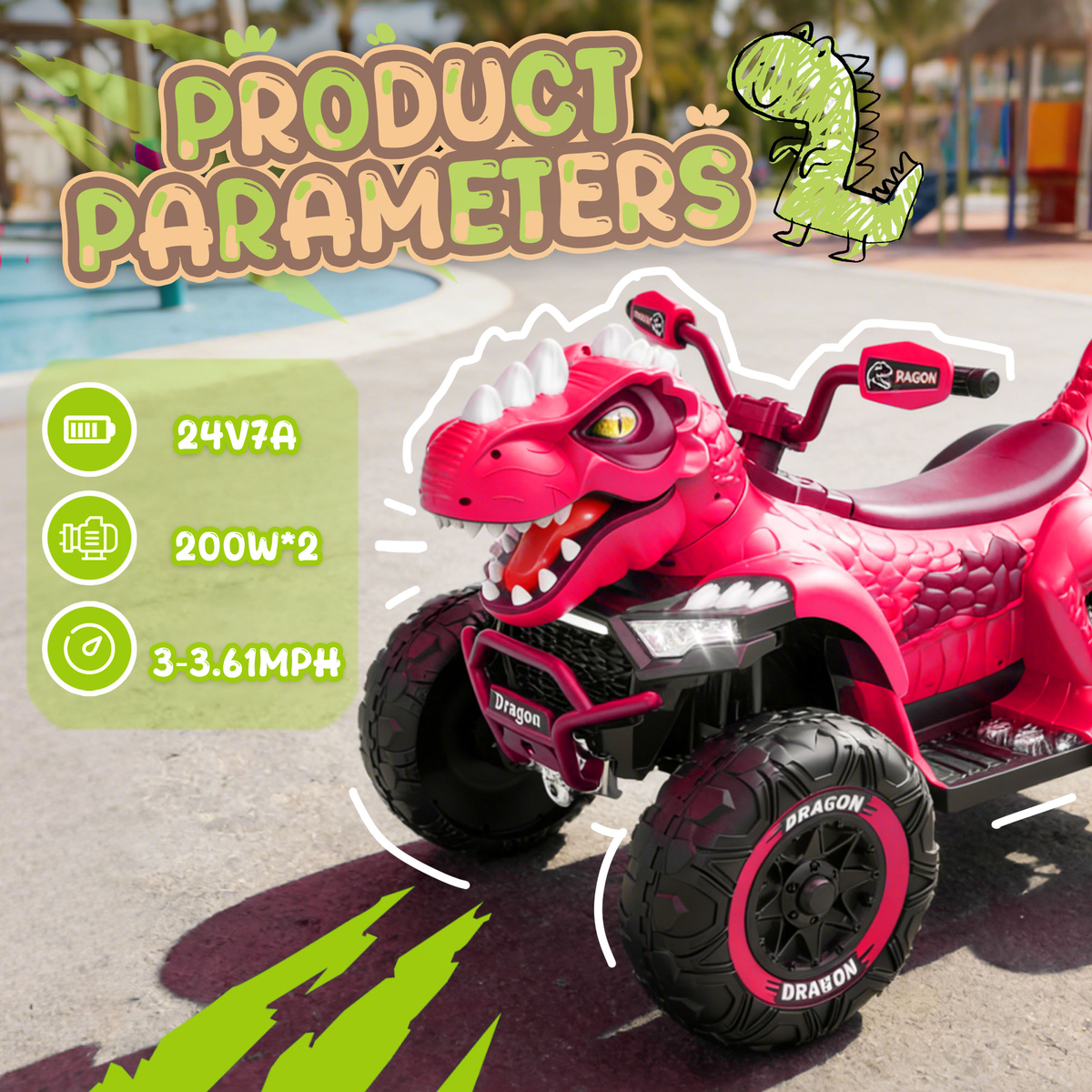 24V Dinosaur Ride on Toy, 2-Seater Powered Ride on Car w/Remote Control, Electric Kids ATV with 4-Wheel Suspension, Bluetooth, Music, Cool Lights, Gift for Boys Girls Aged 3-8 - Pink
