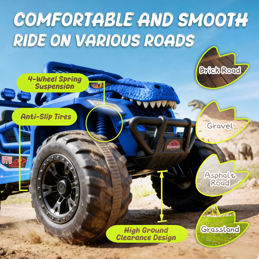 12V Ride On Cars for Kids, Kids Ride on Toys with Remote Control, Dinosaur Kids UTV Cars, 4 Wheel Suspension Electric Vehicle with Bluetooth, Music, LED, Ideal Gift for Boys Girls 2-4, Blue