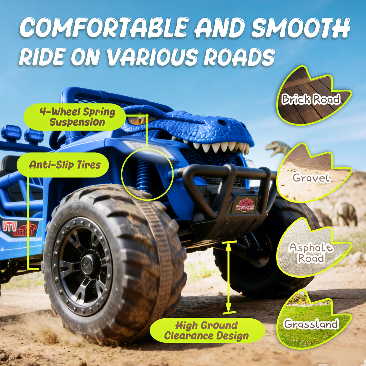 12V Ride On Cars for Kids, Kids Ride on Toys with Remote Control, Dinosaur Kids UTV Cars, 4 Wheel Suspension Electric Vehicle with Bluetooth, Music, LED, Ideal Gift for Boys Girls 2-4, Blue