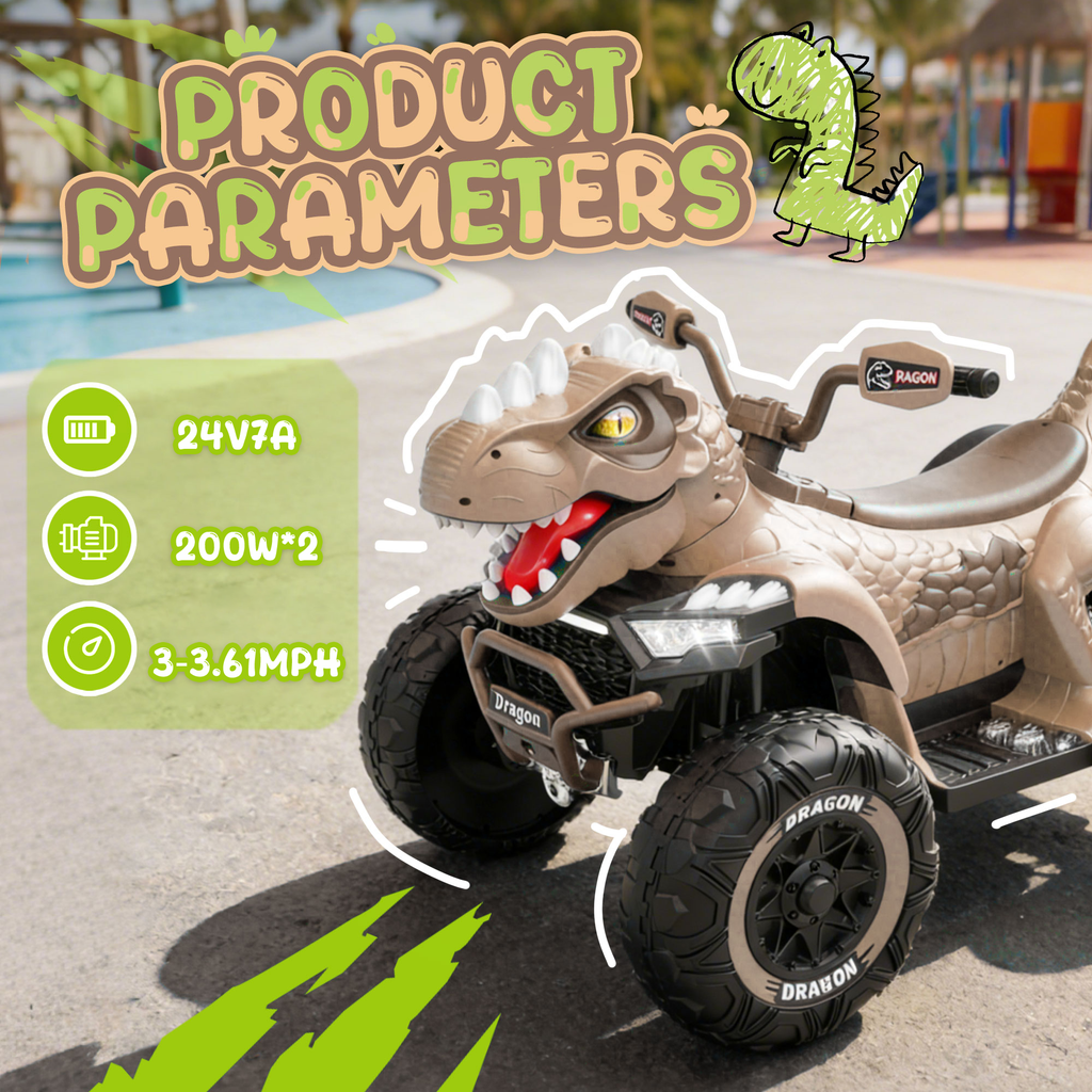 24V Dinosaur Ride on Toy, 2-Seater Powered Ride on Car w/Remote Control, Electric Kids ATV with 4-Wheel Suspension, Bluetooth, Music, Cool Lights, Gift for Boys Girls Aged 3-8 - Khaki