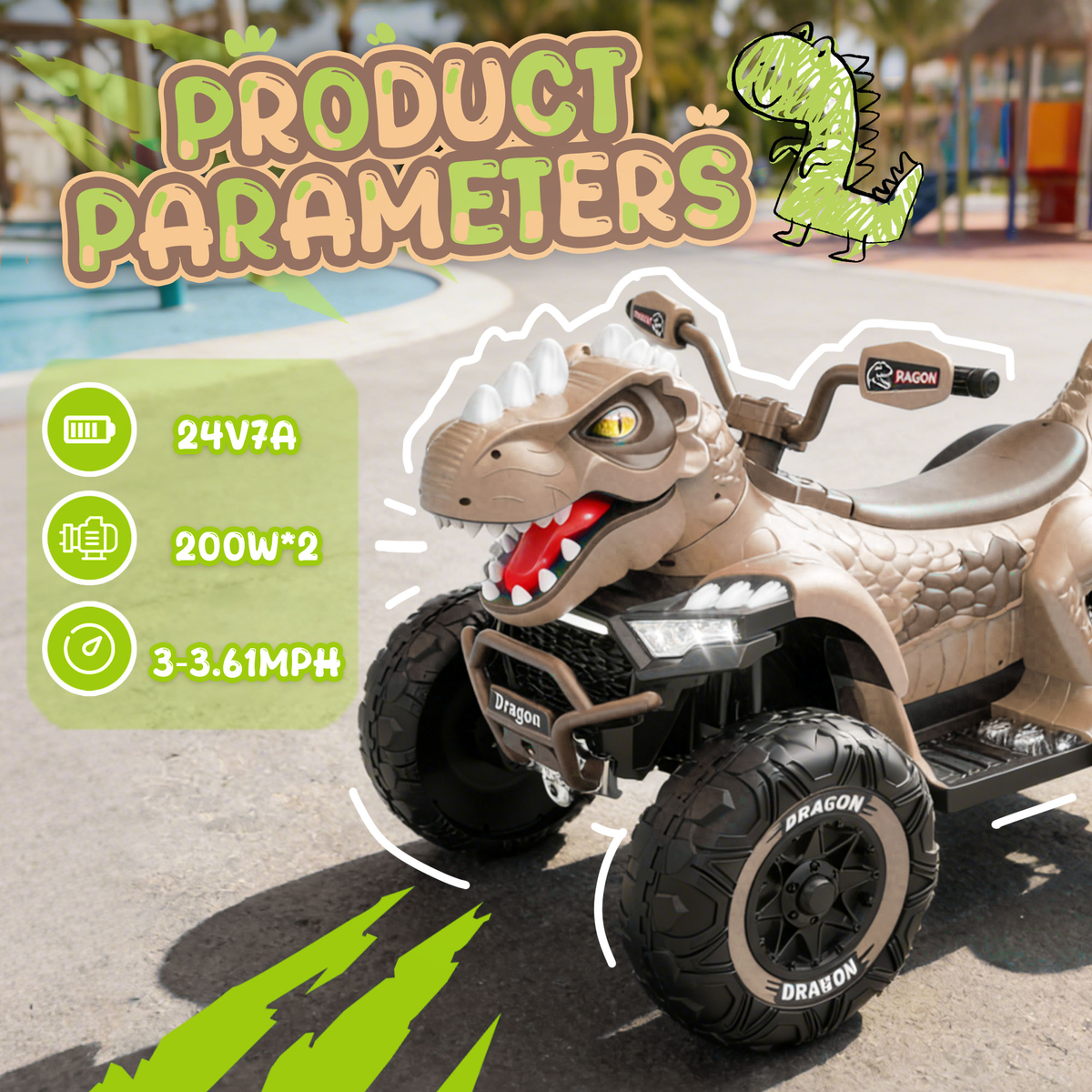 24V Dinosaur Ride on Toy, 2-Seater Powered Ride on Car w/Remote Control, Electric Kids ATV with 4-Wheel Suspension, Bluetooth, Music, Cool Lights, Gift for Boys Girls Aged 3-8 - Khaki