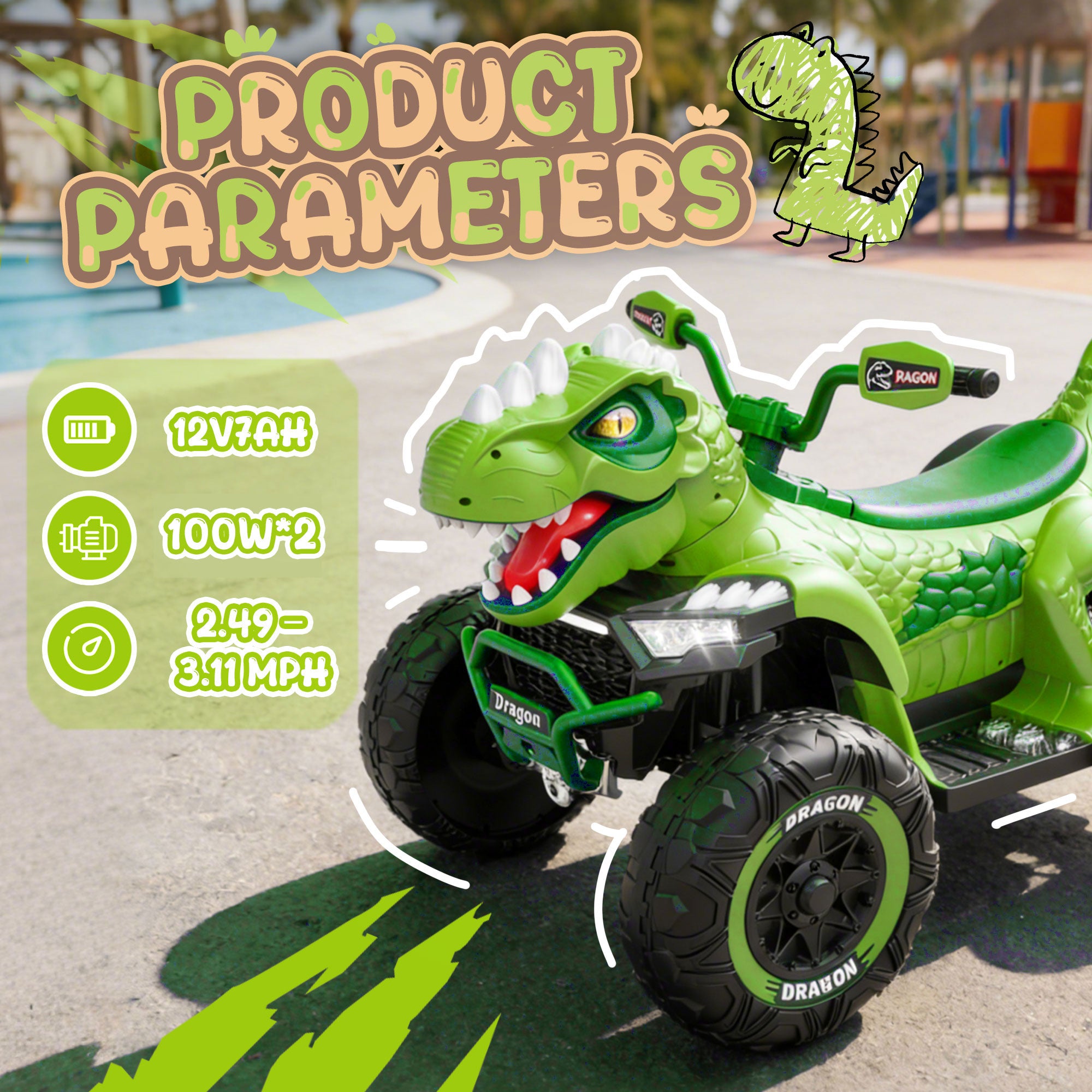 KEEPSUN 12V Ride on Toy for Kids, Dinosaur Ride on Car w/ Remote Control, 2-Seater 4 wheeler Kids ATV Quad with 100W*2 Motors, Bluetooth, Spring Suspension, Music, Cool Lights,Green