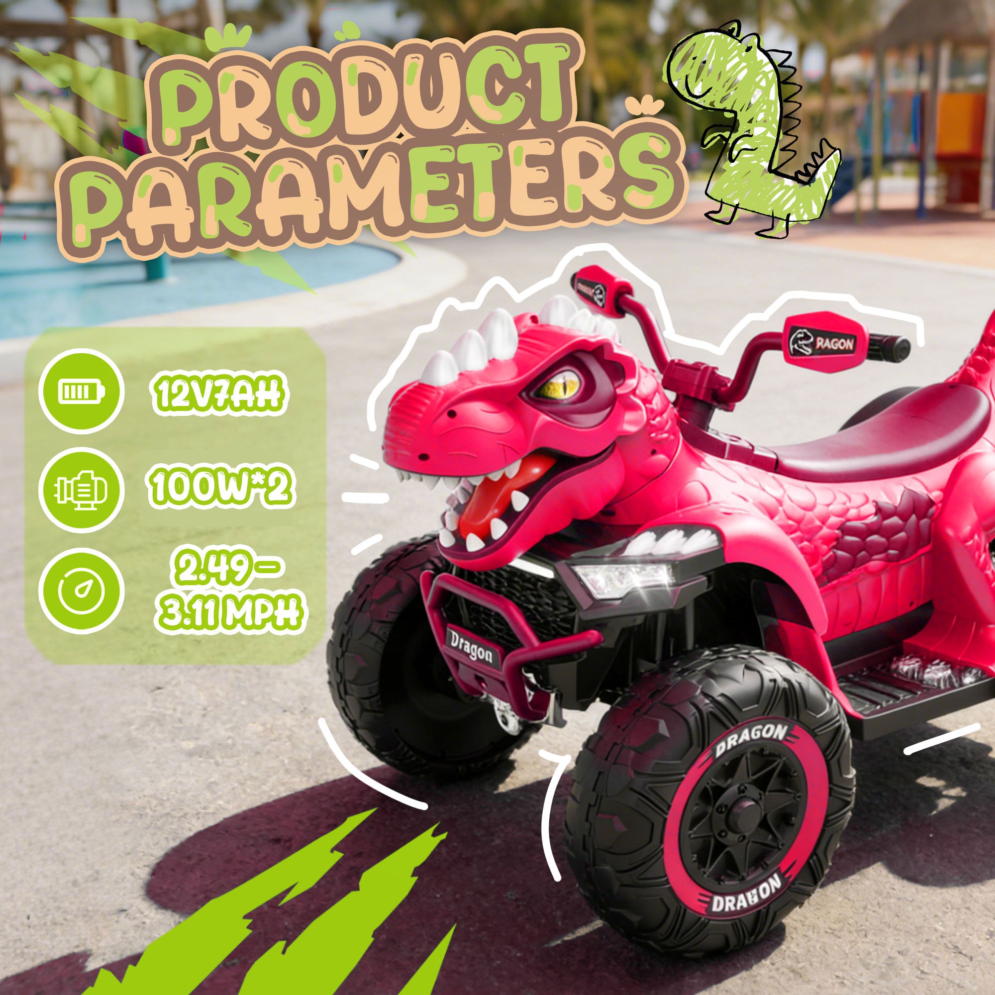 KEEPSUN 12V Ride on Toy for Kids, Dinosaur Ride on Car w/ Remote Control, 2-Seater 4 wheeler Kids ATV Quad with 100W*2 Motors, Bluetooth, Spring Suspension, Music, Cool Lights, Pink