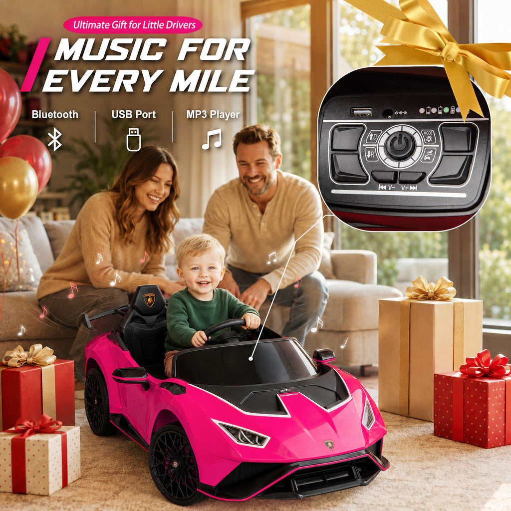 KEEPSUN 12V Ride On Toys for Kids, Licensed Lamborghini Ride On Car w/Remote Control, 3-Speed, Bluetooth & Music, Electric Car for Toddler Ages 2-4, Ideal Gift for Boys Girls - Pink
