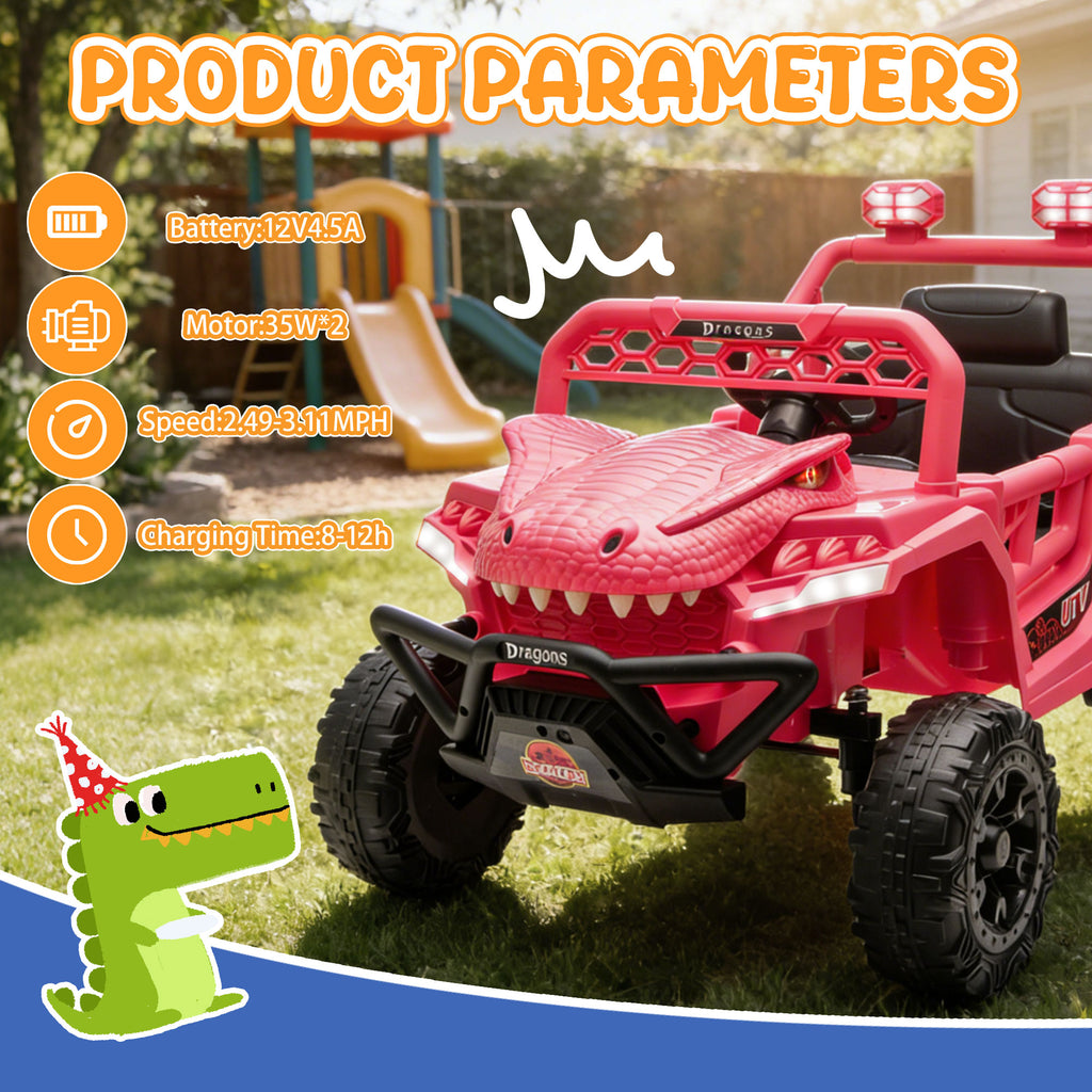 12V Ride On Cars for Kids, Kids Ride on Toys with Remote Control, Dinosaur Kids UTV Cars, 4 Wheel Suspension Electric Vehicle with Bluetooth, Music, LED, Ideal Gift for Boys Girls 2-4