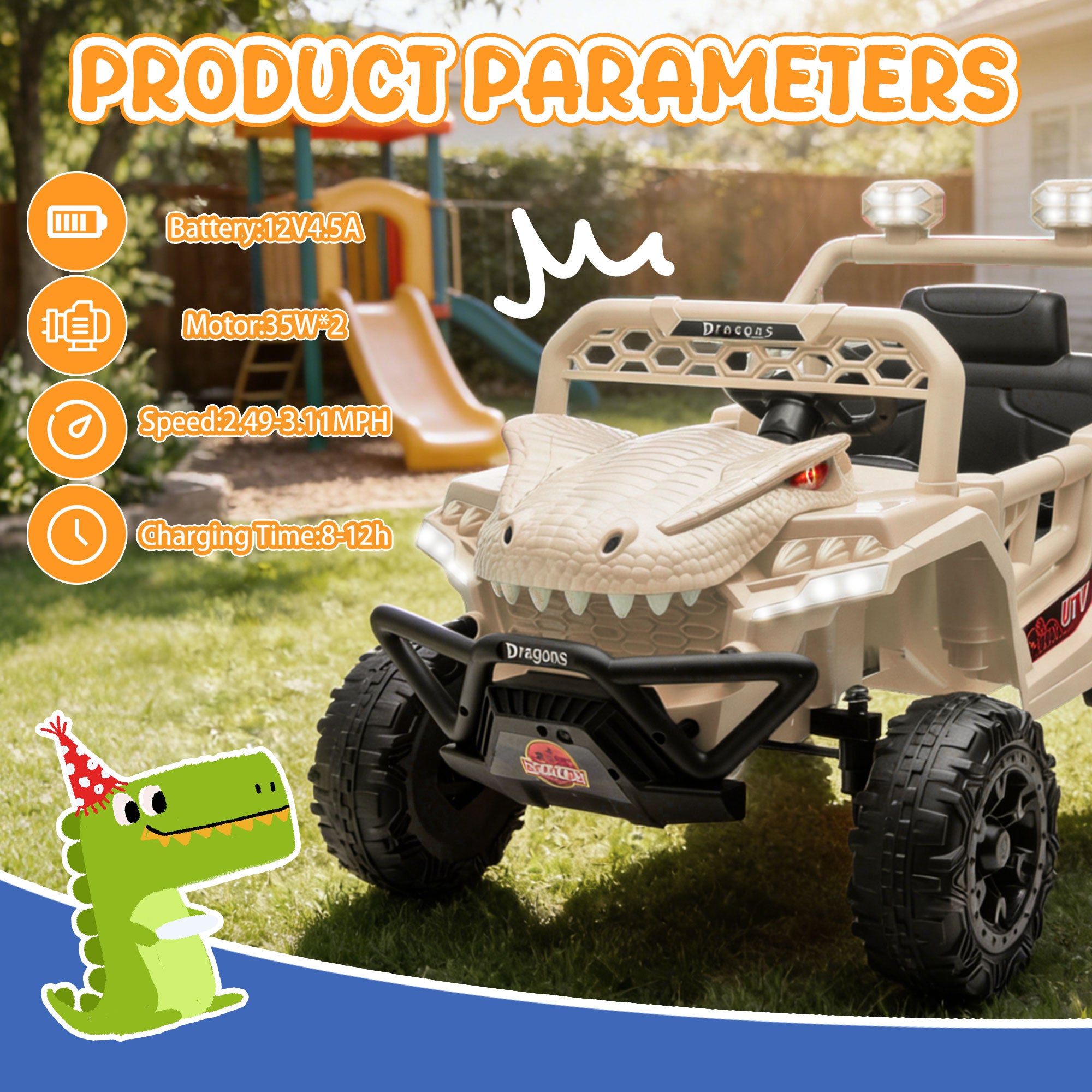 12V Ride On Cars for Kids, Kids Ride on Toys with Remote Control, Dinosaur Kids UTV Cars, 4 Wheel Suspension Electric Vehicle with Bluetooth, Music, LED, Ideal Gift for Boys Girls 2-4