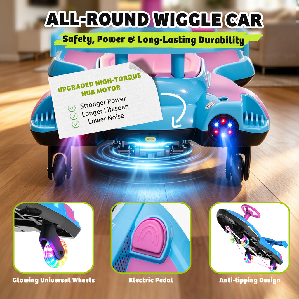 KEEPSUN 12V Electric Wiggle Car for Kids, 2 in 1 Swing Ride on Toy, Drift Car with Spray, Flashing 360° Swivel Wheels, Music, Bluetooth, Anti-Rollover, Gift for Boys Girls Ages 3-8 - Blue
