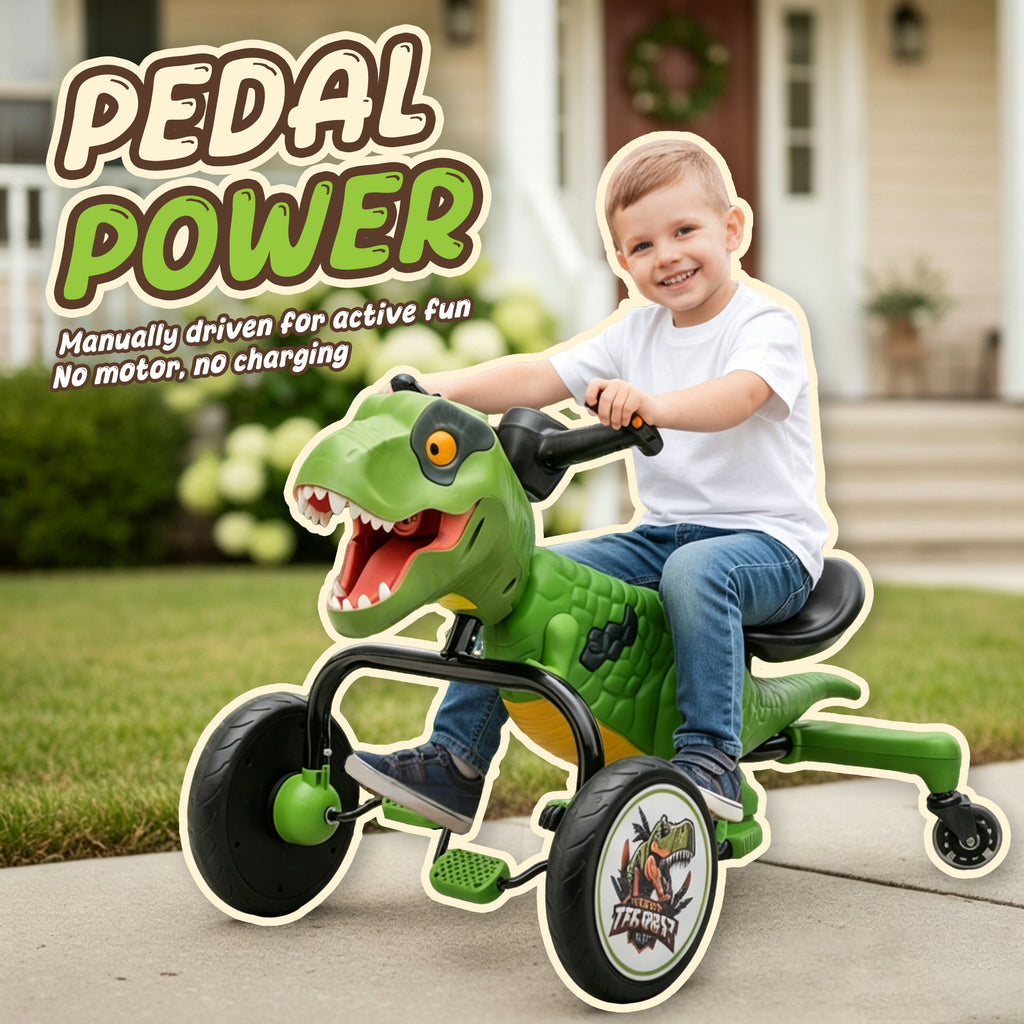 KEEPSUN Drift Tricycle for Kids, 4-Wheel Dinosaur Ride on Toy, Pedal Go Kart with Backrests, Anti-Rollover, Spray, Light, Roaring Sound, Gift for Boys Girls