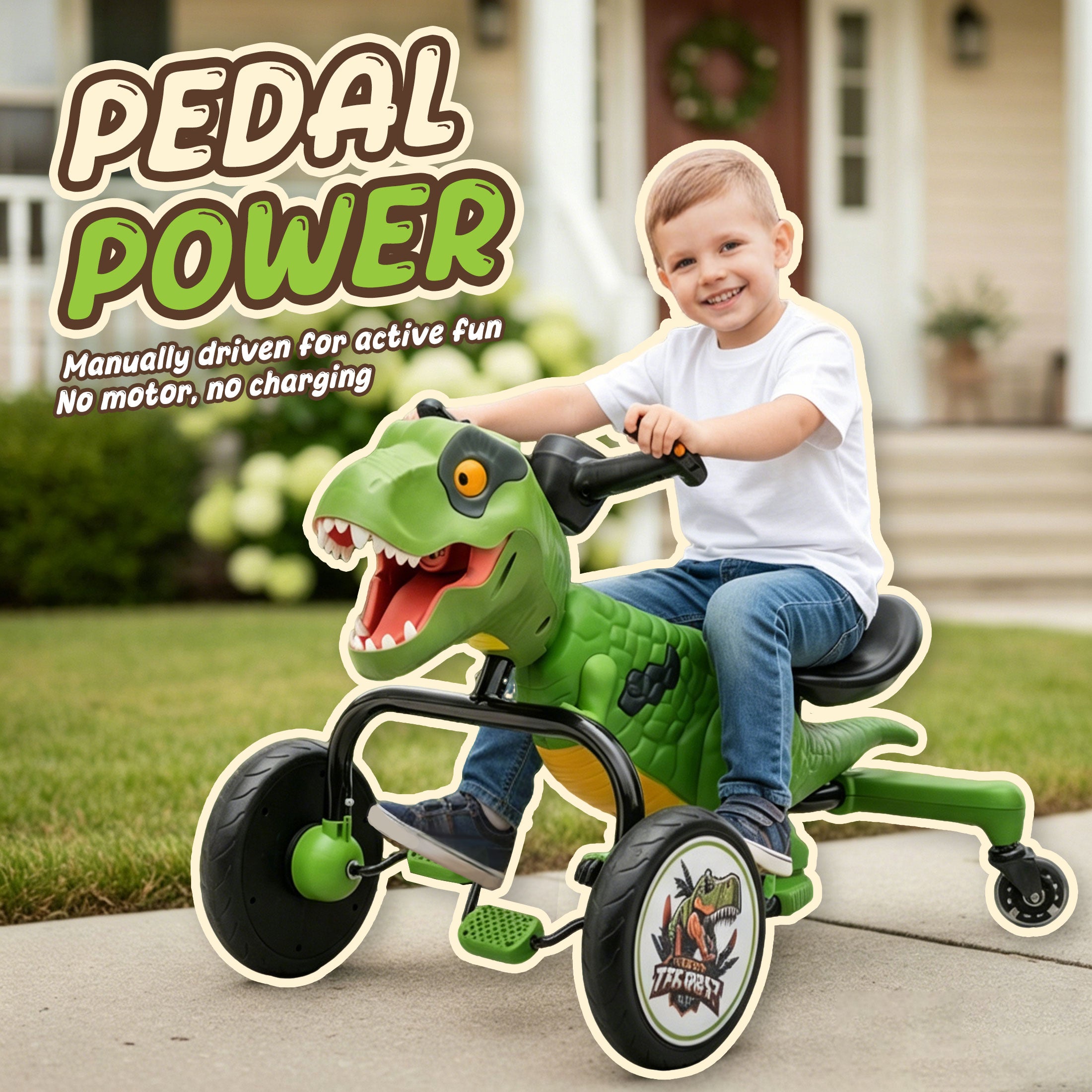 KEEPSUN Drift Tricycle for Kids, 4-Wheel Dinosaur Ride on Toy, Pedal Go Kart with Backrests, Anti-Rollover, Spray, Light, Roaring Sound, Gift for Boys Girls
