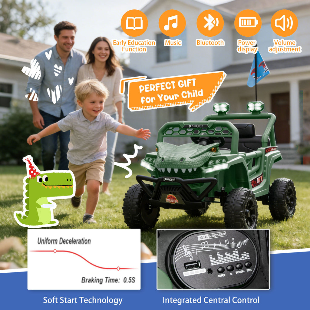 12V Ride On Cars for Kids, Kids Ride on Toys with Remote Control, Dinosaur Kids UTV Cars, 4 Wheel Suspension Electric Vehicle with Bluetooth, Music, LED, Ideal Gift for Boys Girls 2-4