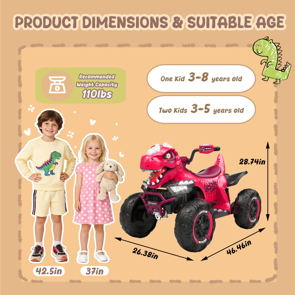 KEEPSUN 12V Ride on Toy for Kids, Dinosaur Ride on Car w/ Remote Control, 2-Seater 4 wheeler Kids ATV Quad with 100W*2 Motors, Bluetooth, Spring Suspension, Music, Cool Lights, Pink
