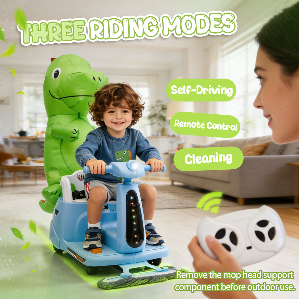 12V Ride On Car with Inflatable Character, Powered Ride On Toys with Cleaning Fun, Detachable Mop, Silent TPE Wheels, Bluetooth, Indoor & Outdoor Car for Kids Ages 3-5
