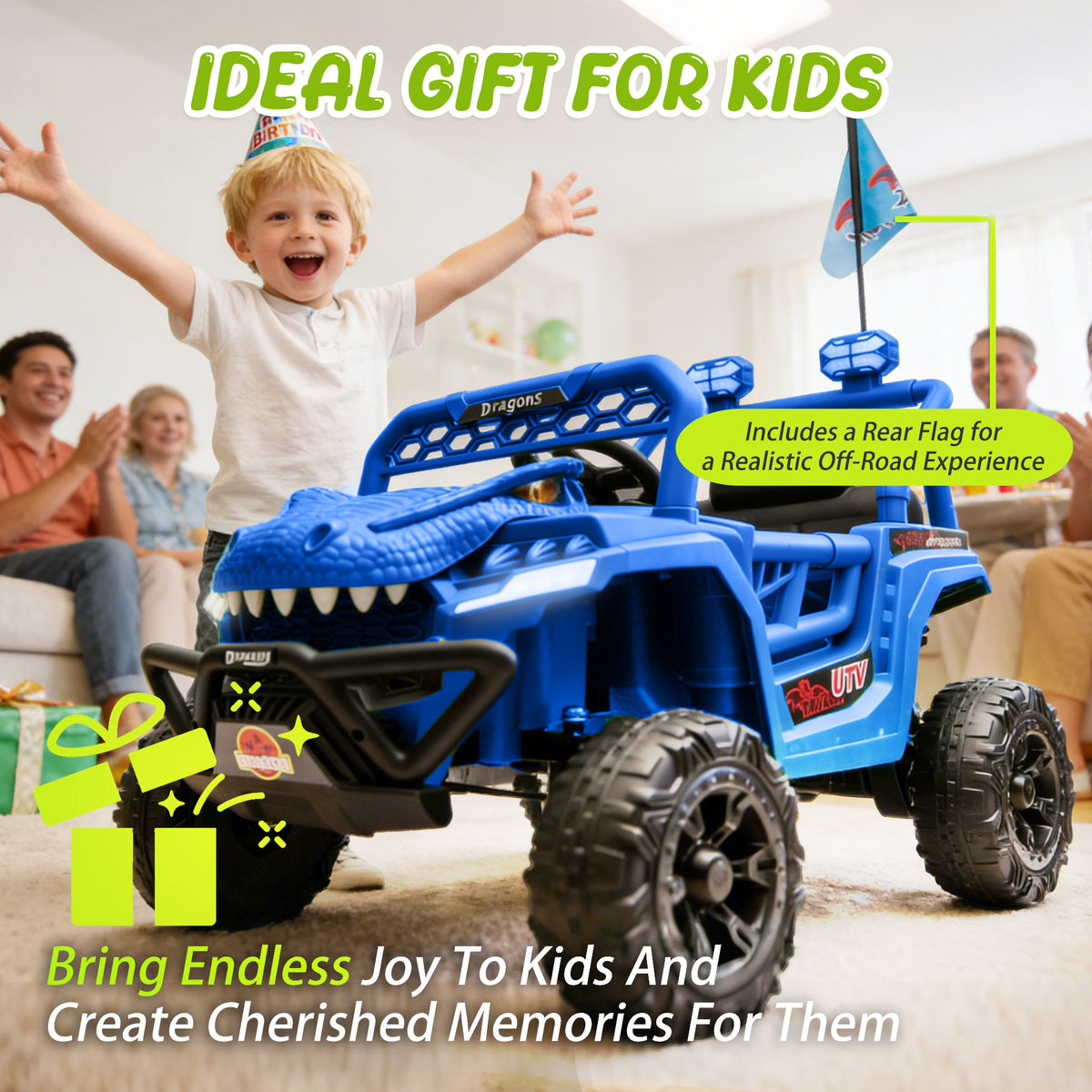 12V Ride On Cars for Kids, Kids Ride on Toys with Remote Control, Dinosaur Kids UTV Cars, 4 Wheel Suspension Electric Vehicle with Bluetooth, Music, LED, Ideal Gift for Boys Girls 2-4, Blue