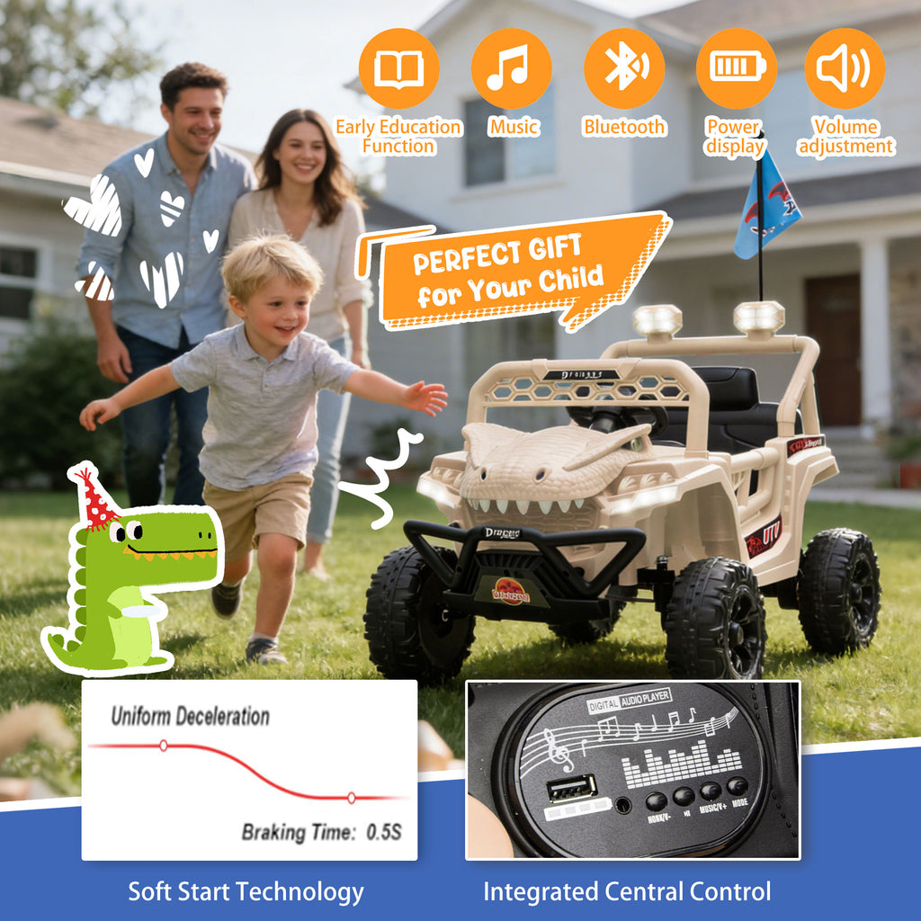 12V Ride On Cars for Kids, Kids Ride on Toys with Remote Control, Dinosaur Kids UTV Cars, 4 Wheel Suspension Electric Vehicle with Bluetooth, Music, LED, Ideal Gift for Boys Girls 2-4