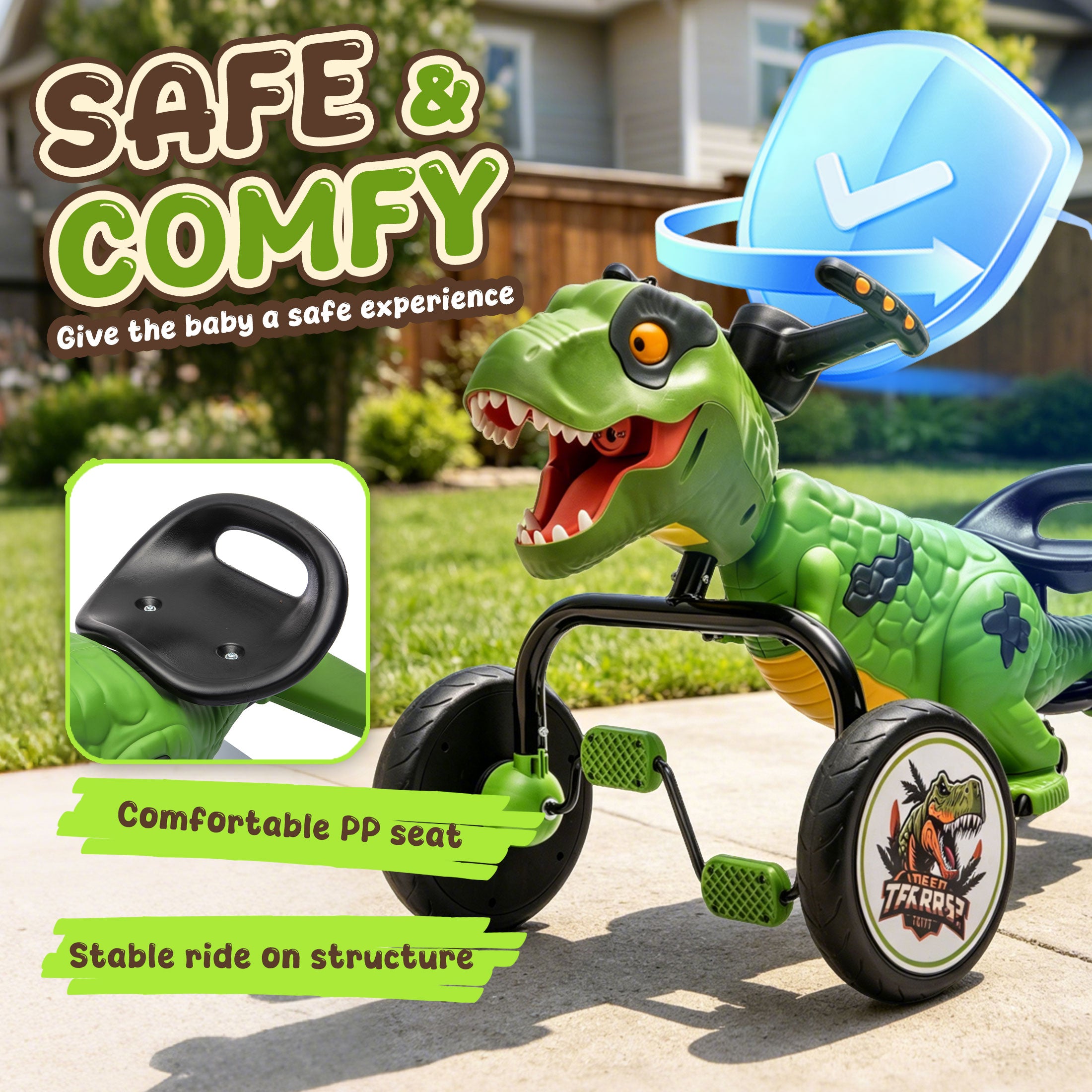 KEEPSUN Drift Tricycle for Kids, 4-Wheel Dinosaur Ride on Toy, Pedal Go Kart with Backrests, Anti-Rollover, Spray, Light, Roaring Sound, Gift for Boys Girls