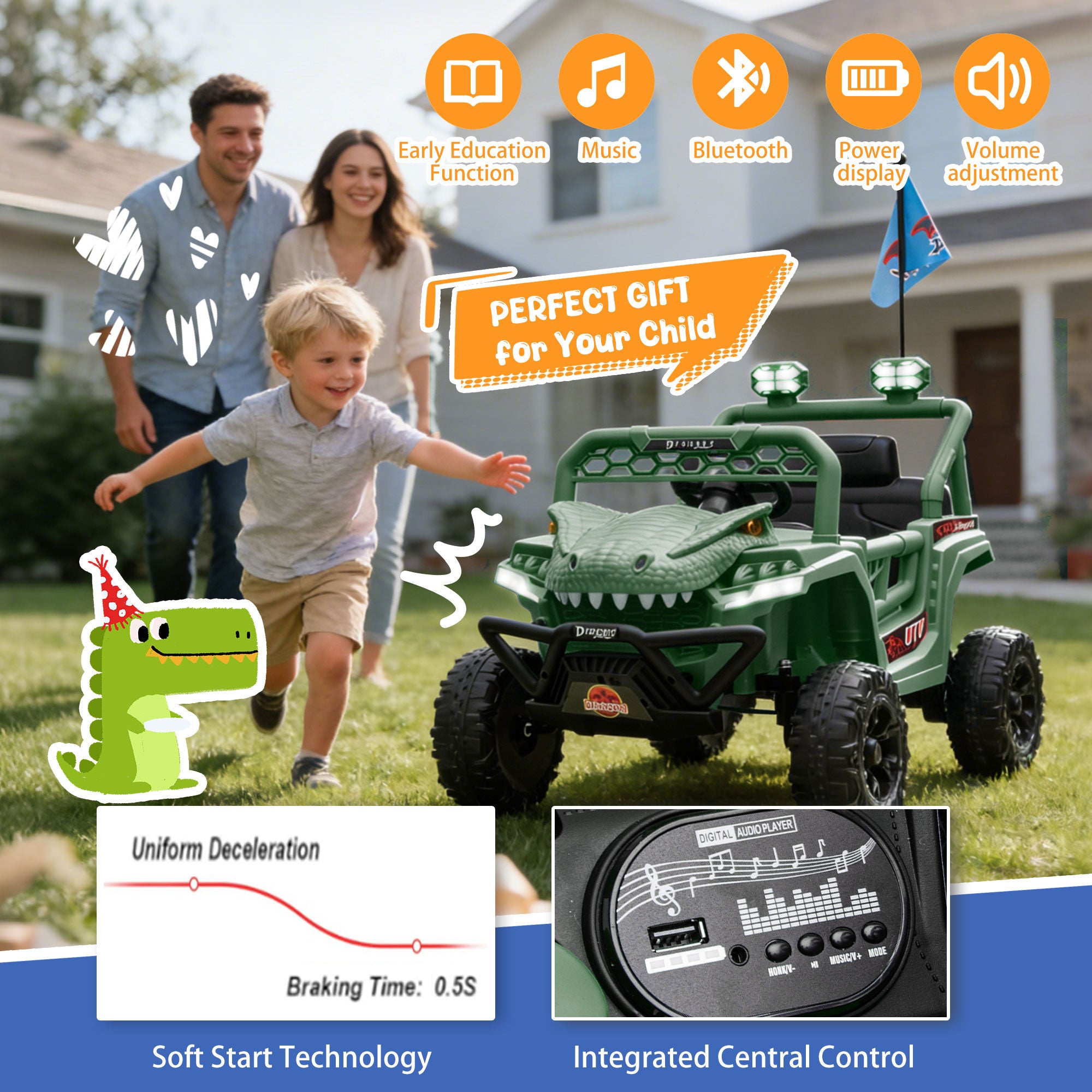 12V Ride On Cars for Kids, Kids Ride on Toys with Remote Control, Dinosaur Kids UTV Cars, 4 Wheel Suspension Electric Vehicle with Bluetooth, Music, LED, Ideal Gift for Boys Girls 2-4