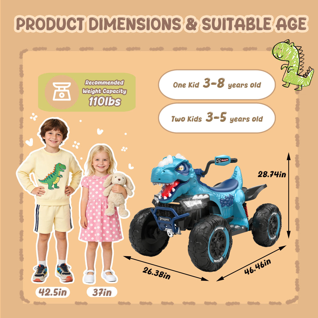 KEEPSUN 12V Ride on Toy for Kids, Dinosaur Ride on Car w/ Remote Control, 2-Seater 4 wheeler Kids ATV Quad with 100W*2 Motors, Bluetooth, Spring Suspension, Music, Cool Lights