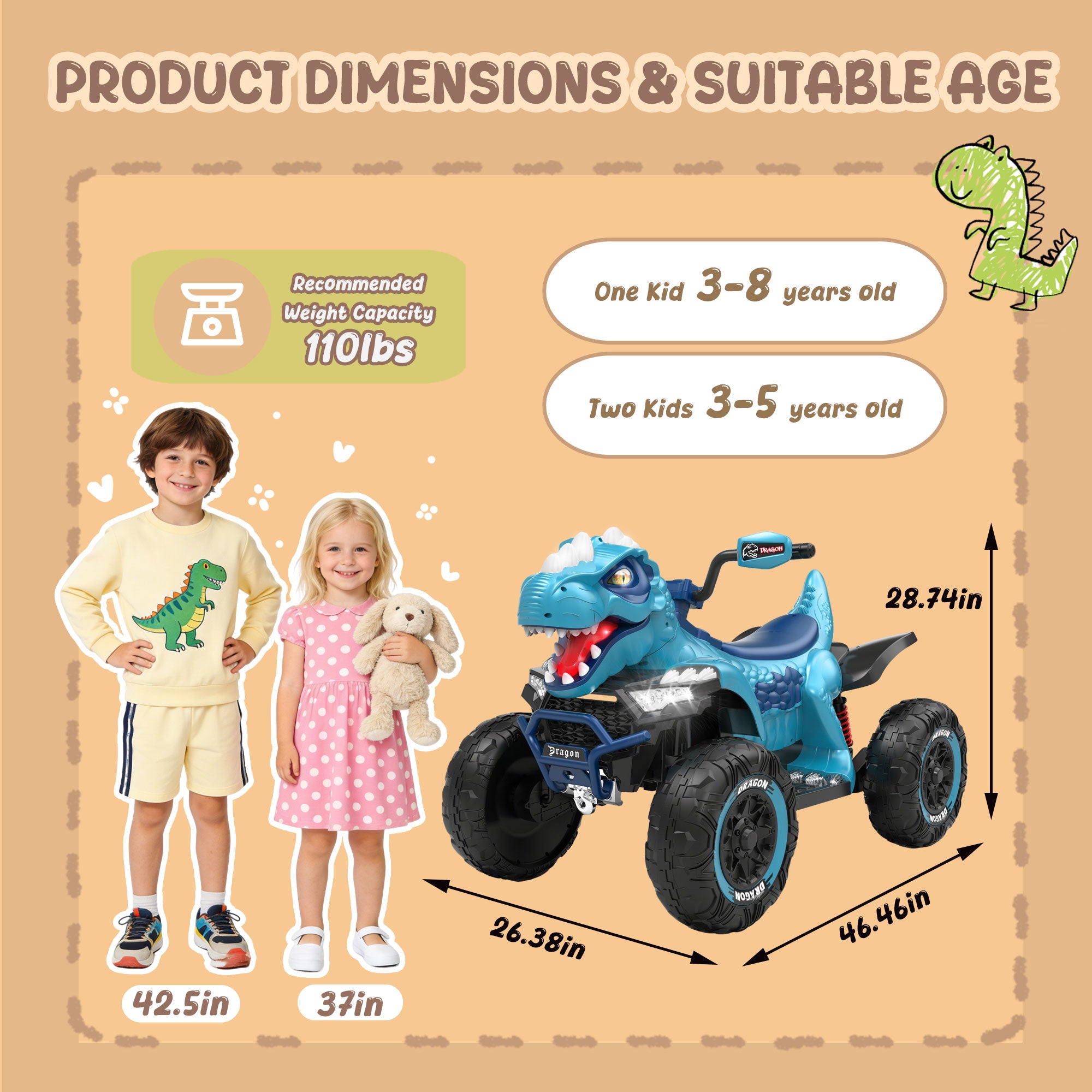 KEEPSUN 12V Ride on Toy for Kids, Dinosaur Ride on Car w/ Remote Control, 2-Seater 4 wheeler Kids ATV Quad with 100W*2 Motors, Bluetooth, Spring Suspension, Music, Cool Lights