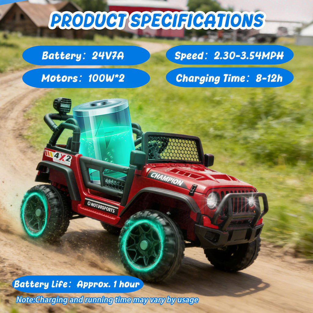 24V 2 Seater Ride On Toys for Kids, Ride On Car with Remote Control, Ride On Truck, 4-Wheel Suspension, Soft Start, Bluetooth, Led Lights, Electric Car for Kids Ages 3-8, Gift for Boys Girls - Red