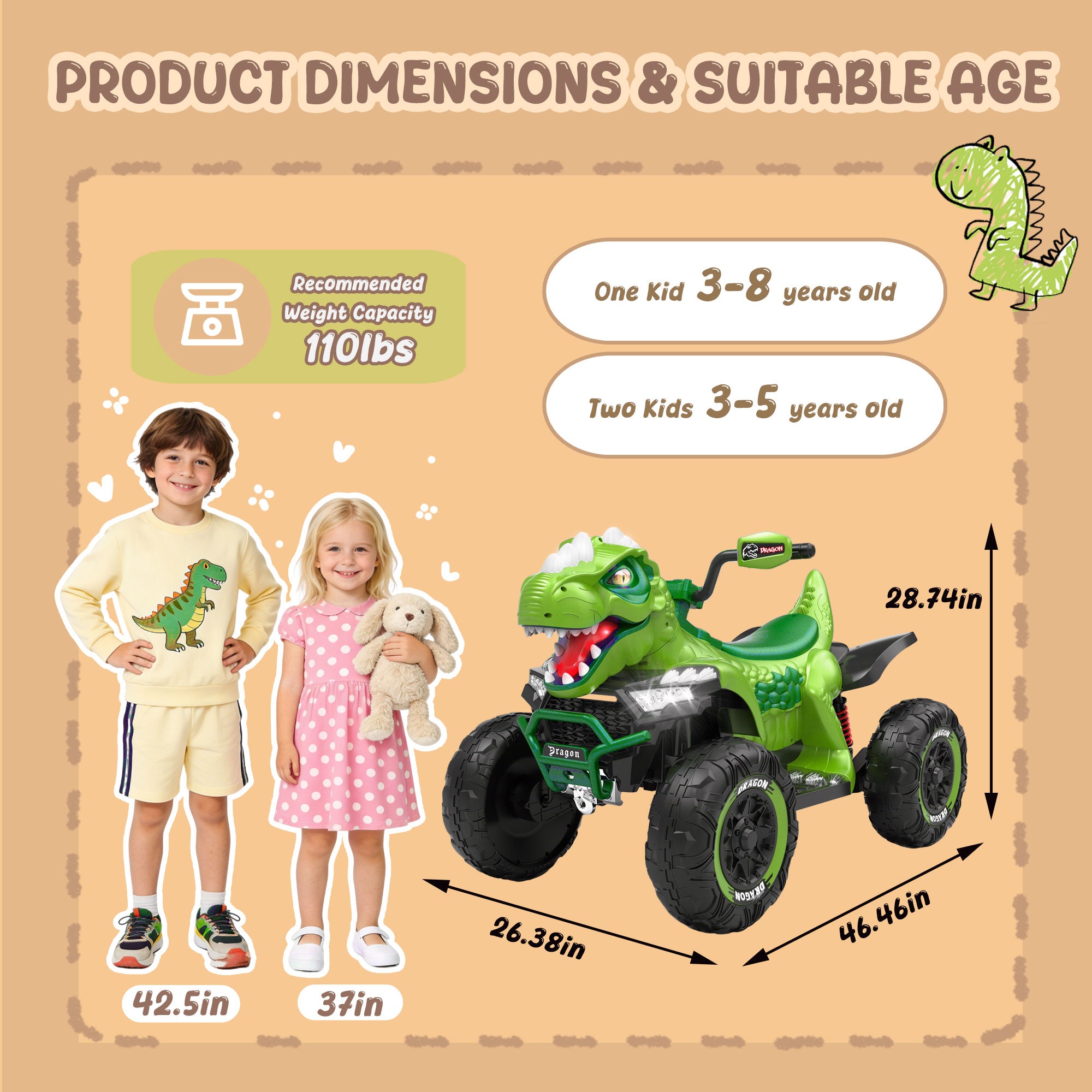 24V Dinosaur Ride on Toy, 2-Seater Powered Ride on Car w/Remote Control, Electric Kids ATV with 4-Wheel Suspension, Bluetooth, Music, Cool Lights, Gift for Boys Girls Aged 3-8