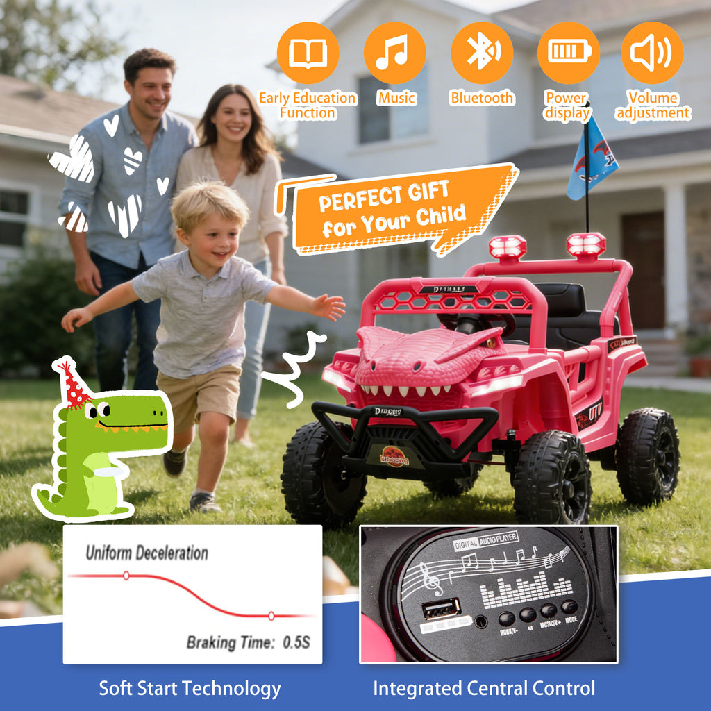 12V Ride On Cars for Kids, Kids Ride on Toys with Remote Control, Dinosaur Kids UTV Cars, 4 Wheel Suspension Electric Vehicle with Bluetooth, Music, LED, Ideal Gift for Boys Girls 2-4