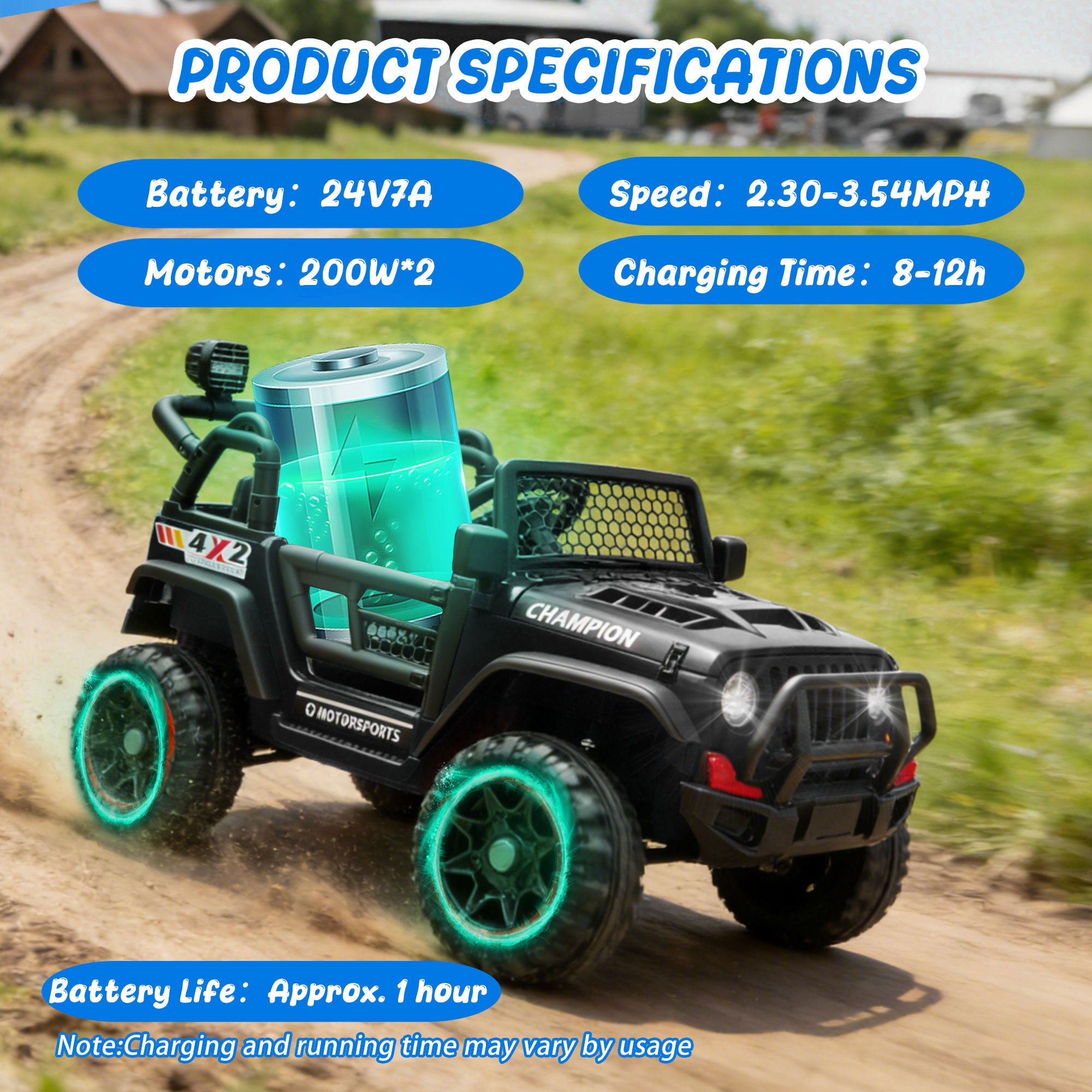 24V 2 Seater Ride On Toys for Kids, Ride On Car with Remote Control, Ride On Truck, 4-Wheel Suspension, Soft Start, Bluetooth, Led Lights, Electric Car for Kids Ages 3-8