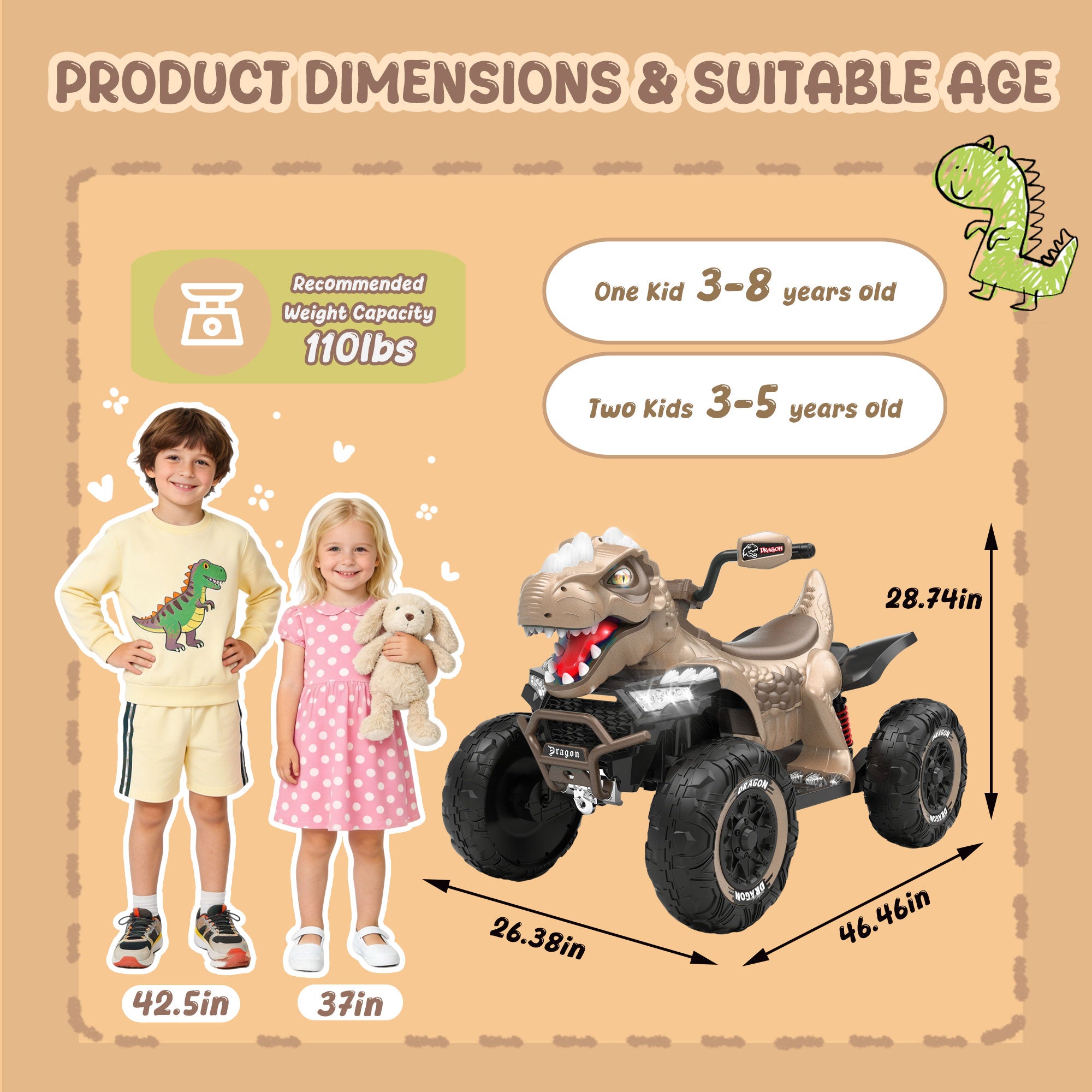 KEEPSUN 12V Ride on Toy for Kids, Dinosaur Ride on Car w/ Remote Control, 2-Seater 4 wheeler Kids ATV Quad with 100W*2 Motors, Bluetooth, Spring Suspension, Music, Cool Lights, Khaki