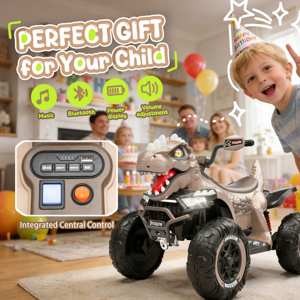 KEEPSUN 12V Ride on Toy for Kids, Dinosaur Ride on Car w/ Remote Control, 2-Seater 4 wheeler Kids ATV Quad with 100W*2 Motors, Bluetooth, Spring Suspension, Music, Cool Lights, Khaki