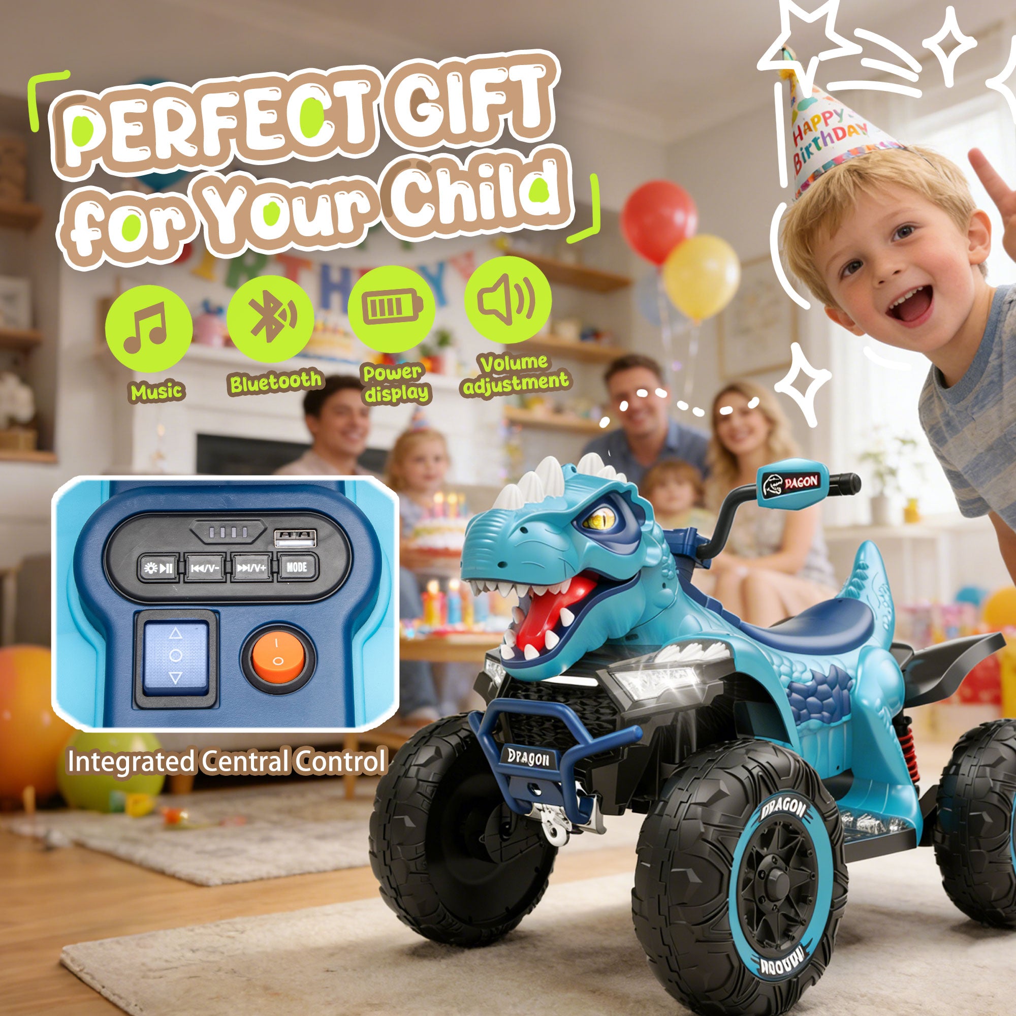 KEEPSUN 12V Ride on Toy for Kids, Dinosaur Ride on Car w/ Remote Control, 2-Seater 4 wheeler Kids ATV Quad with 100W*2 Motors, Bluetooth, Spring Suspension, Music, Cool Lights