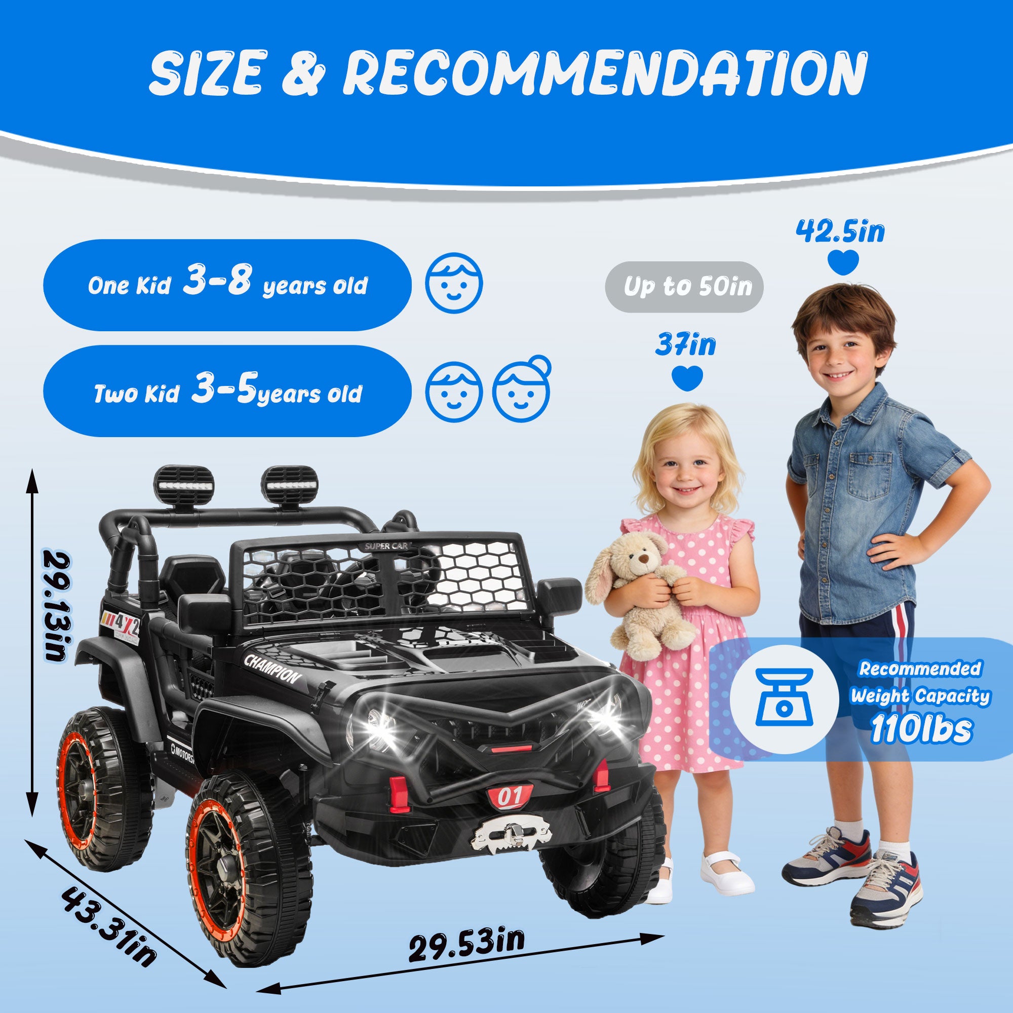 24V 2 Seater Ride On Toys for Kids, Ride On Car with Remote Control, Ride On Truck, 4-Wheel Suspension, Soft Start, Bluetooth, Led Lights, Electric Car for Kids Ages 3-8