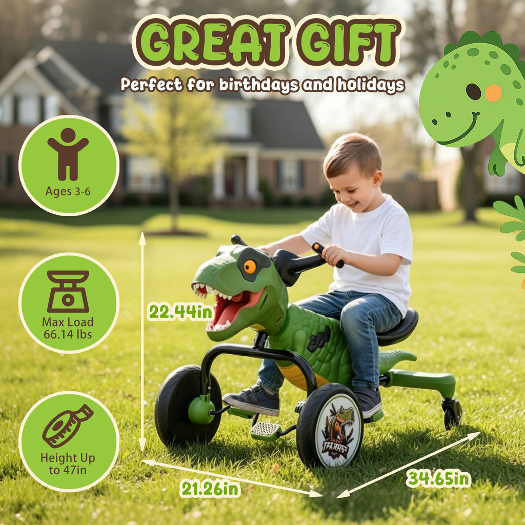 KEEPSUN Drift Tricycle for Kids, 4-Wheel Dinosaur Ride on Toy, Pedal Go Kart with Backrests, Anti-Rollover, Spray, Light, Roaring Sound, Gift for Boys Girls