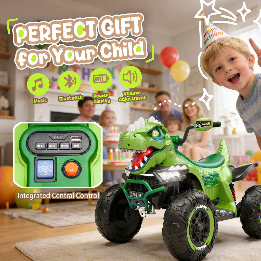 KEEPSUN 12V Ride on Toy for Kids, Dinosaur Ride on Car w/ Remote Control, 2-Seater 4 wheeler Kids ATV Quad with 100W*2 Motors, Bluetooth, Spring Suspension, Music, Cool Lights,Green