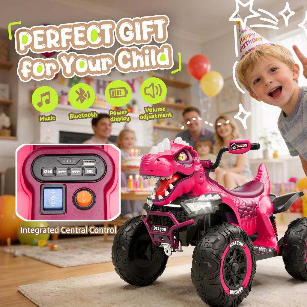 KEEPSUN 12V Ride on Toy for Kids, Dinosaur Ride on Car w/ Remote Control, 2-Seater 4 wheeler Kids ATV Quad with 100W*2 Motors, Bluetooth, Spring Suspension, Music, Cool Lights, Pink
