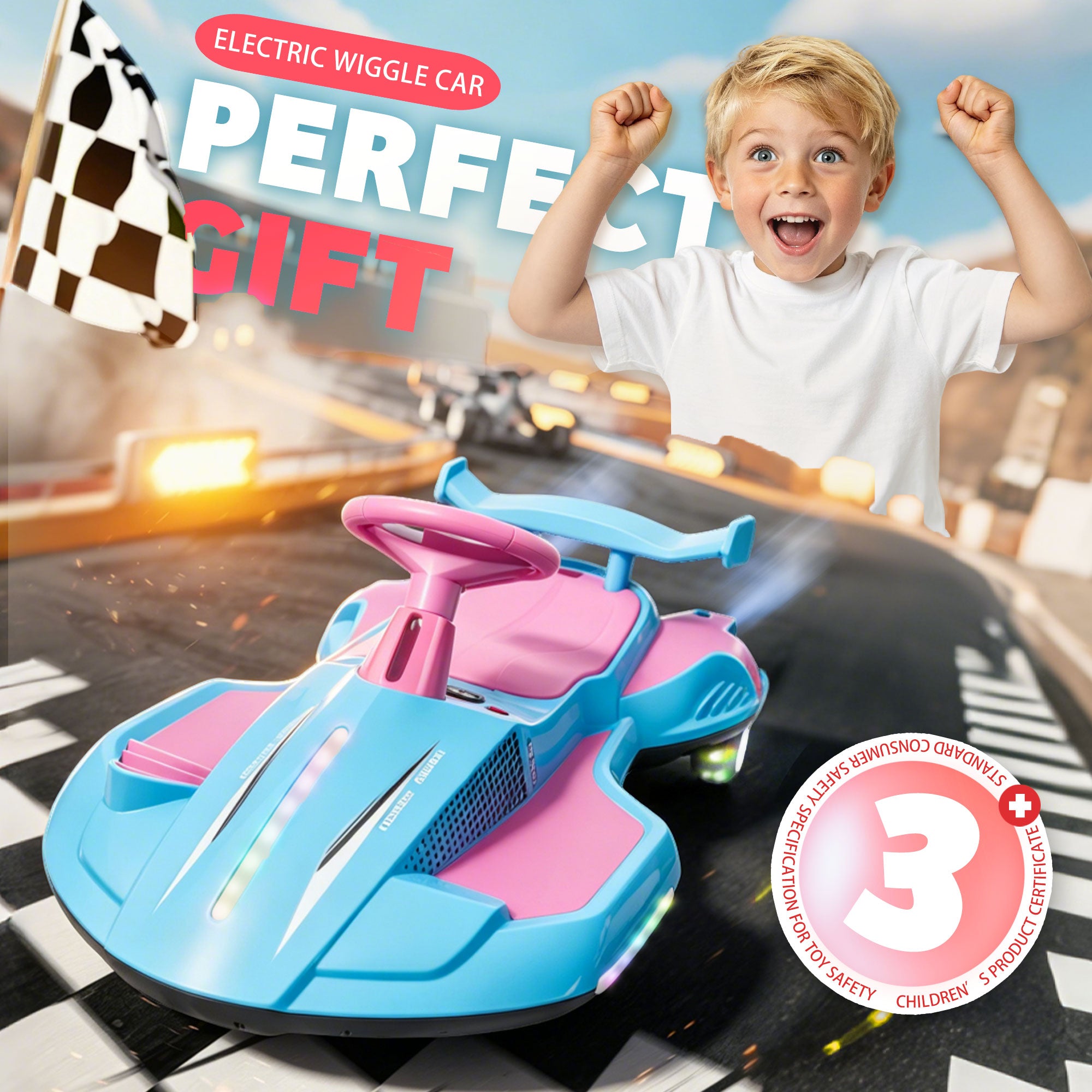 KEEPSUN 12V Electric Wiggle Car for Kids, 2 in 1 Swing Ride on Toy, Drift Car with Spray, Lights, Music, Bluetooth, Anti-Rollover, Gift for Boys Girls Ages 3 and Up