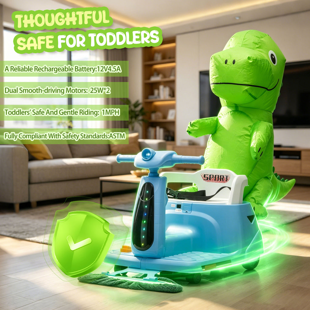 12V Ride On Car with Inflatable Character, Powered Ride On Toys with Cleaning Fun, Detachable Mop, Silent TPE Wheels, Bluetooth, Indoor & Outdoor Car for Kids Ages 3-5