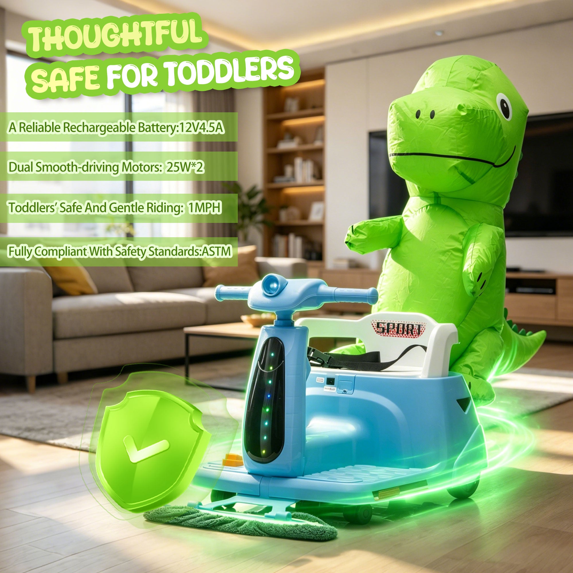 12V Ride On Car with Inflatable Character, Powered Ride On Toys with Cleaning Fun, Detachable Mop, Silent TPE Wheels, Bluetooth, Indoor & Outdoor Car for Kids Ages 3-5