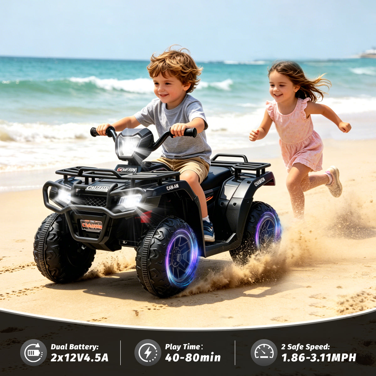 KEEPSUN 24V Kids ATV, Ride on Toys for Toddlers, 4 Wheeler Electric Quad with Music, Spring Suspension, LED Lights, 2 Storage Racks, Ride On Car Gift for Boys Girls Ages 2-4 - Black