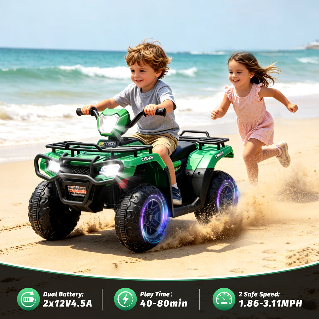 KEEPSUN 24V Kids ATV, Ride on Toys for Toddlers, 4 Wheeler Electric Quad with Bluetooth, Music, Spring Suspension, LED Lights, 2 Storage Racks, Ride On Car for Boys Girls Gift