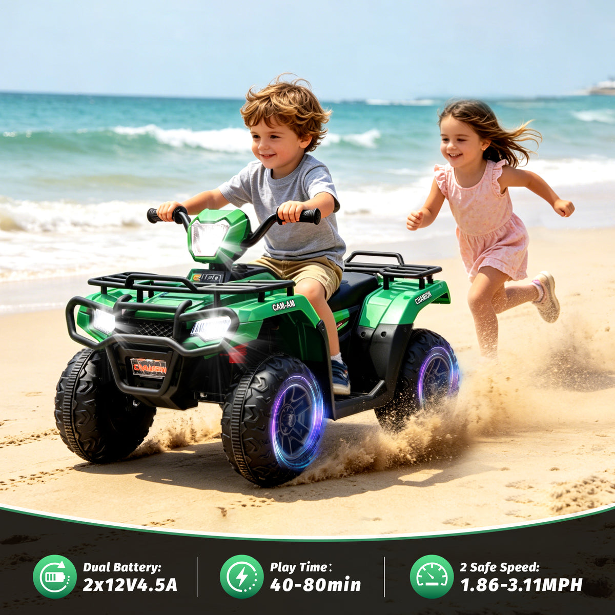 KEEPSUN 24V Kids ATV, Ride on Toys for Toddlers, 4 Wheeler Electric Quad with Bluetooth, Music, Spring Suspension, LED Lights, 2 Storage Racks, Ride On Car for Boys Girls Gift