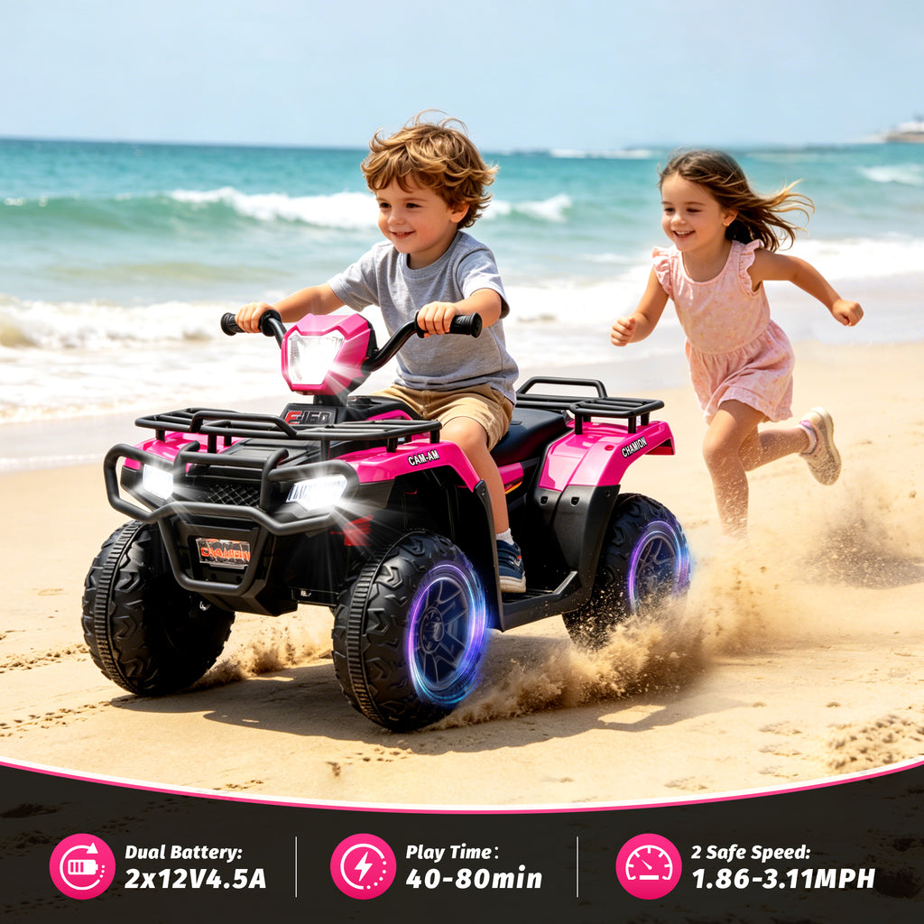 KEEPSUN 24V Kids ATV, Ride on Toys for Toddlers, 4 Wheeler Electric Quad with Bluetooth, Music, Spring Suspension, LED Lights, 2 Storage Racks, Ride On Car for Boys Girls Gift