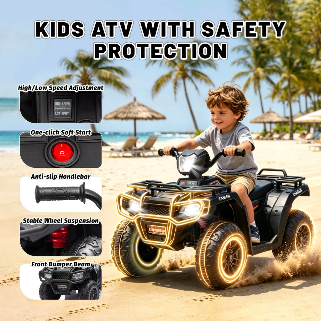 KEEPSUN 24V Kids ATV, Ride on Toys for Toddlers, 4 Wheeler Electric Quad with Music, Spring Suspension, LED Lights, 2 Storage Racks, Ride On Car Gift for Boys Girls Ages 2-4 - Black