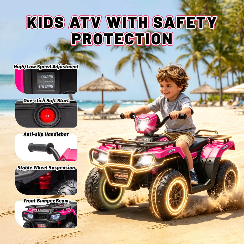 KEEPSUN 24V Kids ATV, Ride on Toys for Toddlers, 4 Wheeler Electric Quad with Bluetooth, Music, Spring Suspension, LED Lights, 2 Storage Racks, Ride On Car for Boys Girls Gift