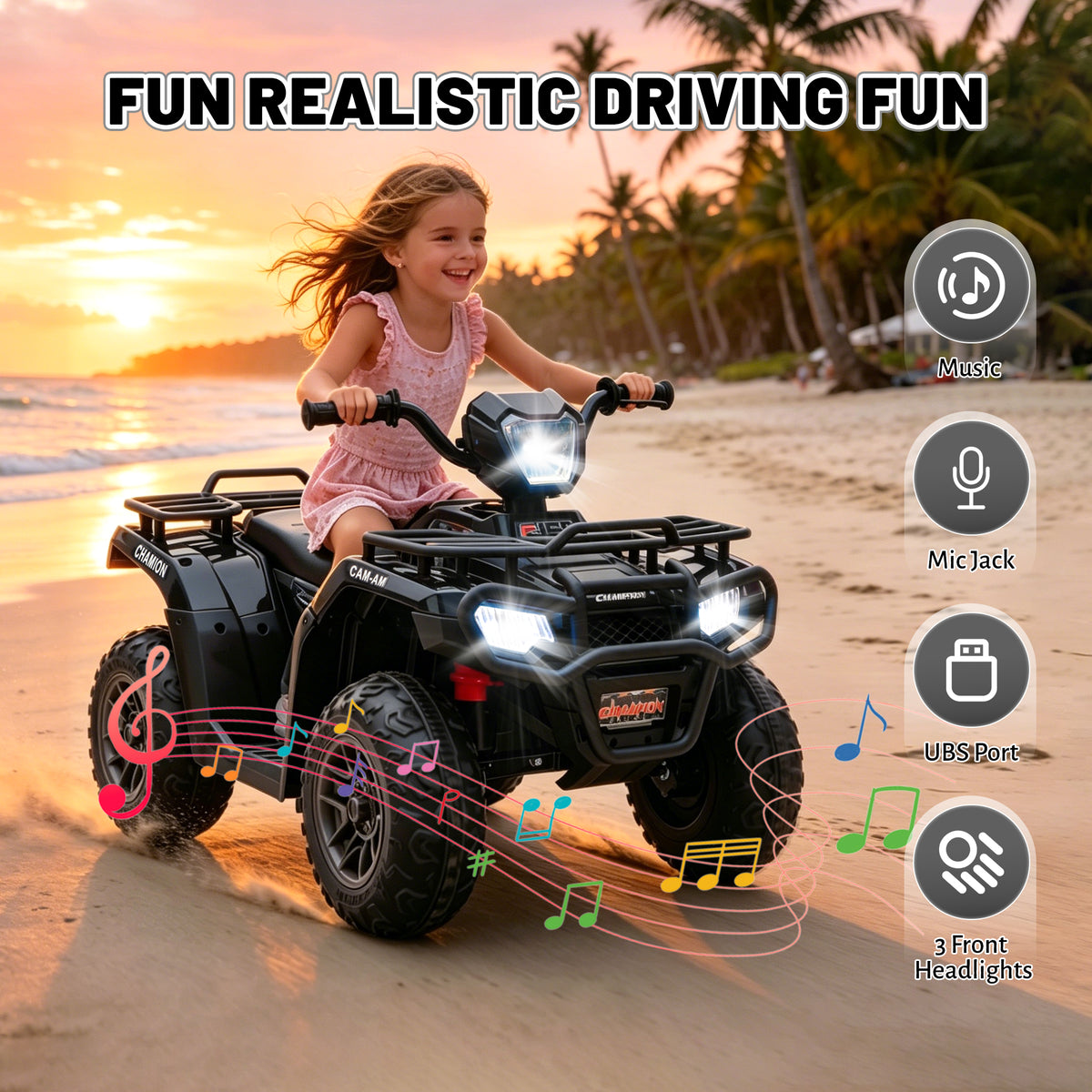 KEEPSUN 24V Kids ATV, Ride on Toys for Toddlers, 4 Wheeler Electric Quad with Music, Spring Suspension, LED Lights, 2 Storage Racks, Ride On Car Gift for Boys Girls Ages 2-4 - Black