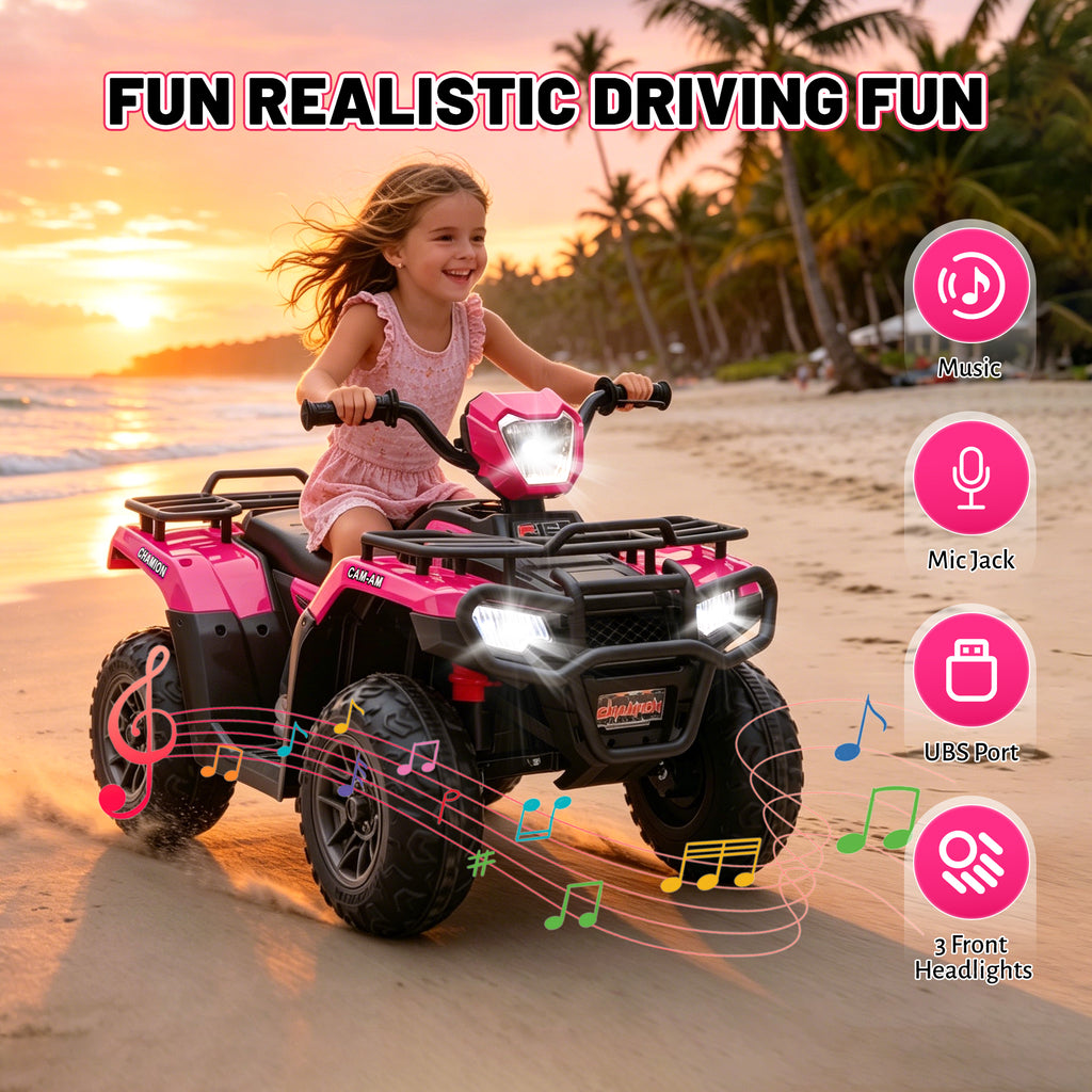 KEEPSUN 24V Kids ATV, Ride on Toys for Toddlers, 4 Wheeler Electric Quad with Bluetooth, Music, Spring Suspension, LED Lights, 2 Storage Racks, Ride On Car for Boys Girls Gift
