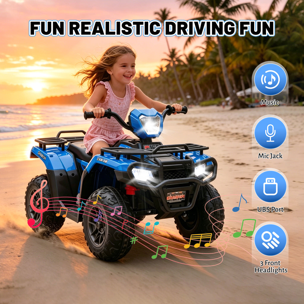 KEEPSUN 24V Kids ATV, Ride on Toys for Toddlers, 4 Wheeler Electric Quad with Bluetooth, Music, Spring Suspension, LED Lights, 2 Storage Racks, Ride On Car for Boys Girls Gift