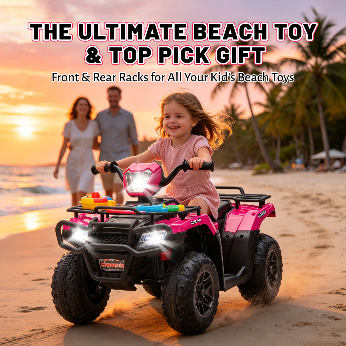 KEEPSUN 24V Kids ATV, Ride on Toys for Toddlers, 4 Wheeler Electric Quad with Bluetooth, Music, Spring Suspension, LED Lights, 2 Storage Racks, Ride On Car for Boys Girls Gift