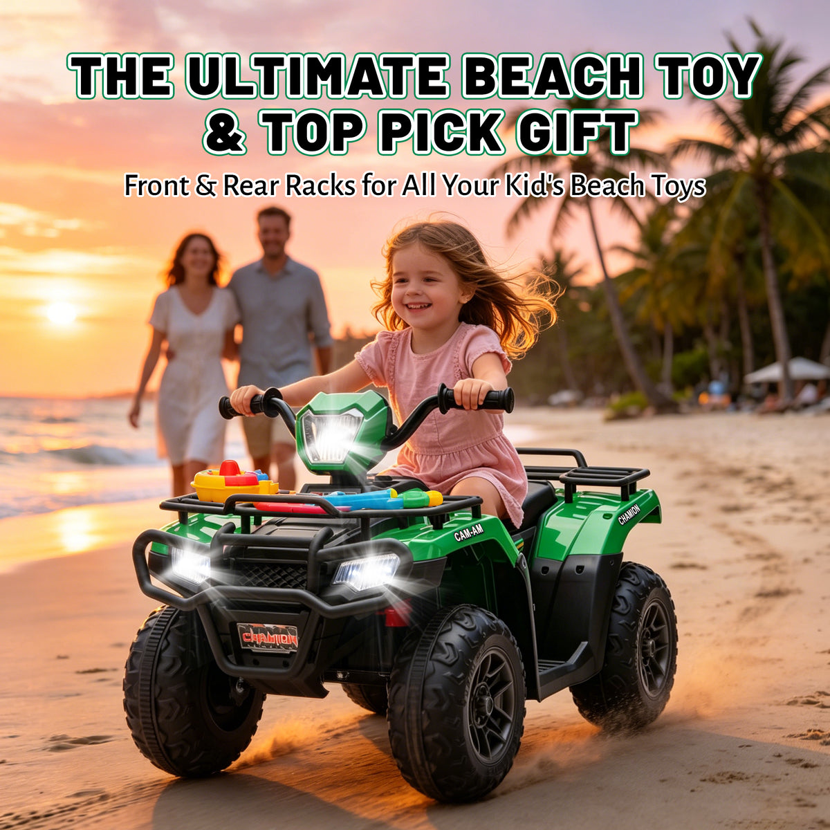 KEEPSUN 24V Kids ATV, Ride on Toys for Toddlers, 4 Wheeler Electric Quad with Bluetooth, Music, Spring Suspension, LED Lights, 2 Storage Racks, Ride On Car for Boys Girls Gift