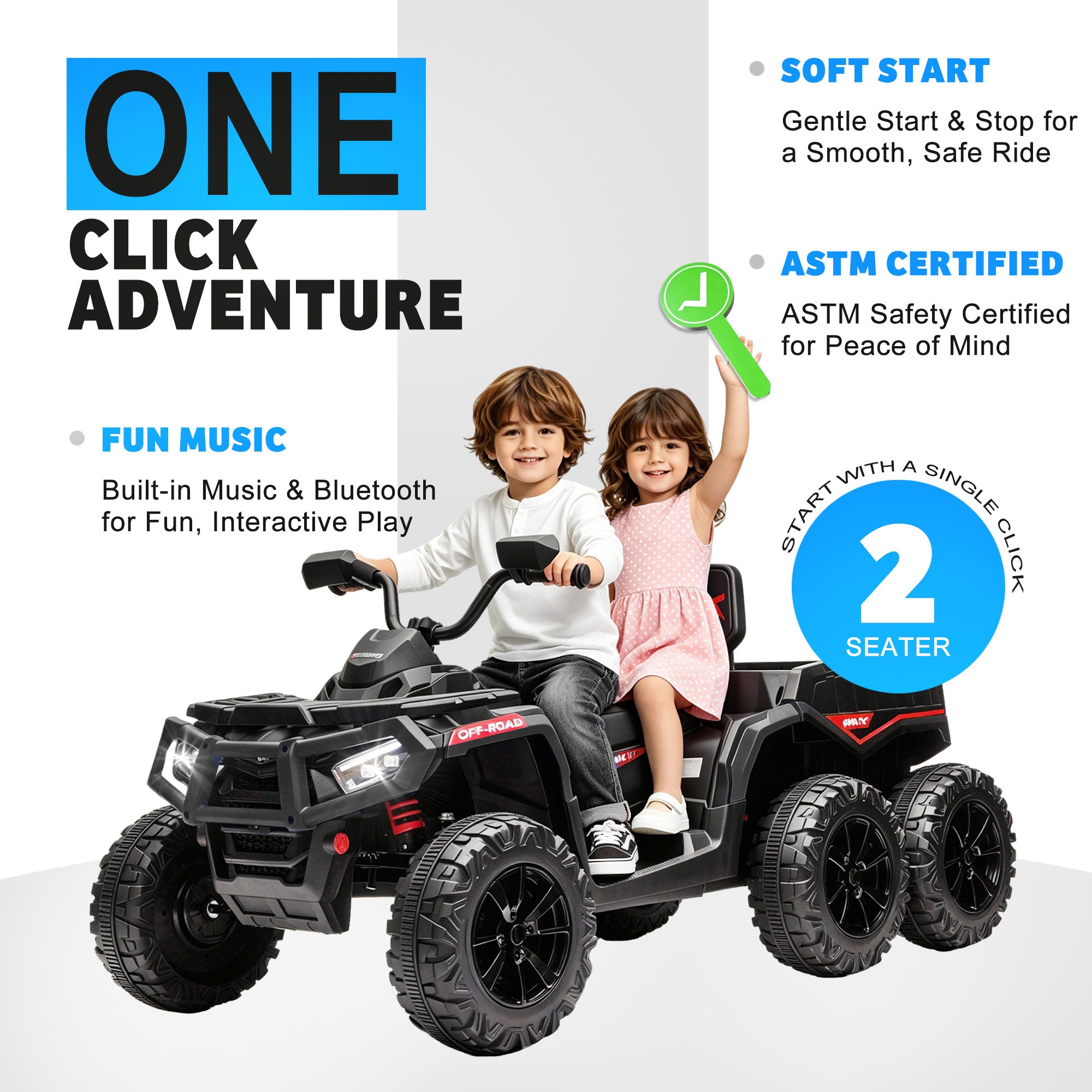 24V Ride on ATV Toys, Real 2 Seater Kids ATV with 200W*2 Power Motor, Electric Car w/ 6-Wheeler Suspension, Extra Large Rear Storage Bucket, Waterproof Panel w/ Bluetooth, Music, Led Lights