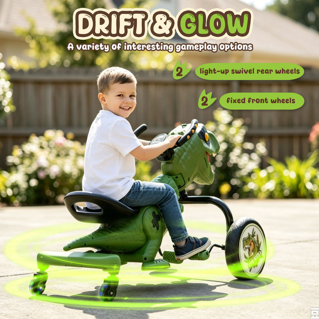 KEEPSUN Drift Tricycle for Kids, 4-Wheel Dinosaur Ride on Toy, Pedal Go Kart with Backrests, Anti-Rollover, Spray, Light, Roaring Sound, Gift for Boys Girls